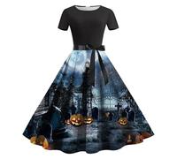 Deguisement Halloween Femme Sexy Diablesse Robe Moulante Sexy, Robe RéTro TrapèZe à Manches Courtes Et Col Rond Imprimé Sanglante Renaissance Gothique SoiréEs