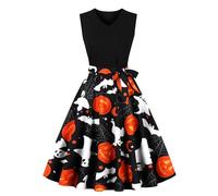 Deguisement Halloween Femme Sexy Diablesse Robe Vintage Rockabilly, Robe Cocktail Chic Et Elegant Citrouille CrâNe Imprimé Courte SoiréE Bal AnnéE 65S Pin Up Swing San Manches A-Line