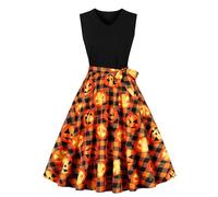 Deguisement Halloween Femme Sexy Diablesse Robe Vintage Rockabilly, Robe Cocktail Chic Et Elegant Citrouille CrâNe Imprimé Courte SoiréE Bal AnnéE 75S Pin Up Swing San Manches A-Line