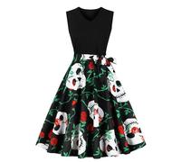 Deguisement Halloween Femme Sexy Diablesse Robe Vintage Rockabilly, Robe Cocktail Chic Et Elegant Citrouille CrâNe Imprimé Courte SoiréE Bal AnnéE 70S Pin Up Swing San Manches A-Line