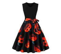 Deguisement Halloween Femme Sexy Diablesse, Robe Vintage Rockabilly Robe Cocktail Chic Et Elegant Citrouille CrâNe Imprimé Courte SoiréE Bal AnnéE 50S Pin Up Swing San Manches A-Line