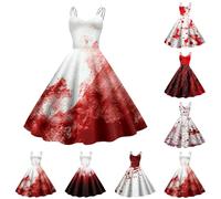 Déguisement Halloween Femme Sexy Robe D'halloween Sanglante pour Femmes Deguisement Dresses Sexy Robes de Mariée Effrayante sans Manches A Line Spaghetti de Cocktail Imprimé Costume (A01-White, L)