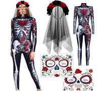 Deguisement Halloween Femme Squelette, Halloween Tatouages Temporaires pour Visage, Serre Tete Fleur Halloween, Déguisement Squelette Adulte Cosplay Costume pour Halloween, Carnaval (Couleur, XXL)