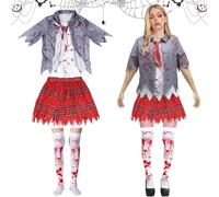 Deguisement Halloween Femme Zombie, Costume Écolière Zombie, Déguisement Zombie Femme avec Jupe, Veste, Cravate, Sang Chaussettes au Genou, Horror Zombie Costume, Deguisement Halloween Ado Fille