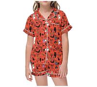 DéGuisement Halloween Fille 12 Ans,Ensemble Pyjama pour Enfants Loisirs Halloween imprimé col boutonné Manches Courtes Haut et Short pour Les Nuits Douces (Red, 4-5 Years)