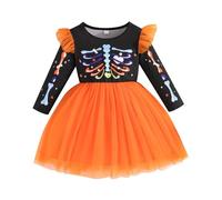 DéGuisement Halloween Fille 12 Ans,Robe Tutu décontractée à Manches Longues pour Fille, Tenue de soirée, d'halloween, avec imprimé Dessin animé, pour bébé de 9 Mois à 5 Ans (Orange, 3-4 Years)