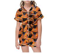Deguisement Halloween Fille 6 Ans,Ensemble Pyjama pour Enfants Loisirs Halloween imprimé col boutonné Manches Courtes Haut et Short pour Les Nuits Douces (Orange, 6-7 Years)