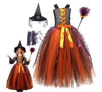 Déguisement Halloween Fille - Robe Black Witch avec Accessoires et Hat | Complete Kit Costume pour Enfant, Gothic Adorable Long Sleeve pour Party Cosplay Theatre avec Pattern,S-XL