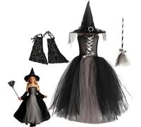 Déguisement Halloween Fille - Robe Black Witch avec Accessoires et Hat | Complete Kit Costume pour Enfant, Gothic Adorable Long Sleeve pour Party Cosplay Theatre avec Pattern,S-XL