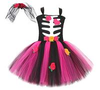 Deguisement Halloween Fille Robe Soirée sans Manches Motif Os Fleurs Tulle Volants pour Gala Deguisement Princesse Fille