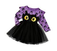 Deguisement Halloween Fille Robe Tutu à Manches Longues Imprimé Dessin Chat | Cadeau D'halloween Bebe,Mon Premier Halloween Bebe Fille,Col Rond Style Petite SorcièRe Et Ambiance Halloween