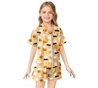 Deguisement Halloween Fille Sorciere,Pyjama à Manches Courtes en Fausse Soie imprimé Halloween pour Filles Confort Optimal pour Les Jeunes éveils (Light Yellow, 6-7 Years)