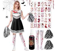 Deguisement Halloween Pompom Girl Enfant: Costume Pom Pom d'horreur Zombie(avec chaussettes, tatouages, faux sang et pompons), uniformes Écolière de lycée pour Filles fête d'Halloween et cosplay (L)