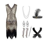 Deguisement Halloween Robe Années 1920 pour Femme Perles Lourdes Sequins Frange Tenue Fantaisie Élégante Ensemble Sept Pièces Style Gatsby Carnival Élégant pour Soirée Et Événement avec Poches