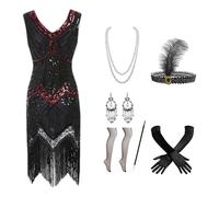 Deguisement Halloween Robe Années 1920 pour Femme Perles Lourdes Sequins Frange Tenue Fantaisie Élégante Ensemble Sept Pièces Style Gatsby Carnival Élégant pour Soirée Et Événement avec Poches