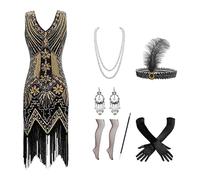 Deguisement Halloween Robe Années 1920 pour Femme Perles Lourdes Sequins Frange Tenue Fantaisie Élégante Ensemble Sept Pièces Style Gatsby Carnival Élégant pour Soirée Et Événement avec Poches