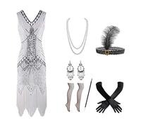 Deguisement Halloween Robe Années 1920 pour Femme Perles Lourdes Sequins Frange Tenue Fantaisie Élégante Ensemble Sept Pièces Style Gatsby Carnival Élégant pour Soirée Et Événement avec Poches
