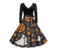 Deguisement Halloween- Robe Cocktail Col en V Imprimé CrâNe à Manches Longues Automne Our Costume D'Festival,FêTe des Morts Carnaval Swing Rétro Taille Haute Cosplay VêTements Deguisement