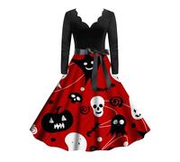 Deguisement Halloween- Robe Cocktail Col en V Imprimé CrâNe à Manches Longues Automne Our Costume D'Festival,FêTe des Morts Carnaval Swing Rétro Taille Haute Cosplay VêTements Deguisement