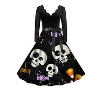 Deguisement Halloween- Robe Cocktail Col en V Imprimé CrâNe à Manches Longues Automne Our Costume D'Festival,FêTe des Morts Carnaval Swing Rétro Taille Haute Cosplay VêTements Deguisement