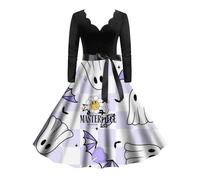 Deguisement Halloween- Robe Cocktail Col en V Imprimé CrâNe à Manches Longues Automne Our Costume D'Festival,FêTe des Morts Carnaval Swing Rétro Taille Haute Cosplay VêTements Deguisement