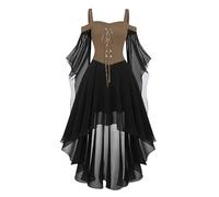 Deguisement Halloween Robe Cocktail pour Femme Taille Plus Style Gothique Midi À Manches Flare Capuche Col Carré Lacets Jupe Ample Tenue De Cour pour Scène Et Événement avec Poches M18