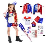 Déguisement Harley Squad Costume, Déguisement Quinn Costume Fille Enfant Avec Gants Veste T-Shirt Short Gants Tatouage Cosplay Joker Queen Robe Costumes pour Carnaval Halloween Noël Clown Cosplay