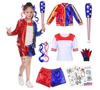 Déguisement Harley Squad Costume Fille Enfant, Cosplay Joker Queen Costume Quinn Deguisement Fille Avec Tenue,Veste T-Shirt, Short, Gants, Perruque, Batte de Baseball Gonflable pour Carnaval Halloween