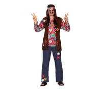 FIESTAS GUIRCA | Costume Hippie Adulte (48-50/M) - T-shirt, Gilet, Bandeau et Pantalon - Costumes Années 60 et Style Rétro pour Fêtes Déguisées et Carnaval - Homme - Marron et Multicolore