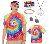Deguisement Hippie, Déguisement Année 70 60s, Deguisement Hippie Femme Homme avec T-shirt Hippie Lunettes Collier Bandeau Bracelets, Carnaval Deguisement Adulte Homme pour Carnaval Fête Années