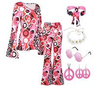 Deguisement Hippie Femme Adulte Annee 70 Année 60 Tenue Disco Femme Déguisement Hippie Costume Année 70 pantalon vintage Femme Collier Peace and Love Hippie Lunettes Annees 70 Chemise Accessoire XXL