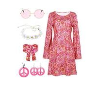 Déguisement Hippie Femme Adulte Années 60-70 - Robe Disco, Costume, Tenue, Collier Peace and Love, Lunettes, Accessoires - Taille XL