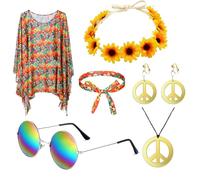 Déguisement Hippie Femme,Costume Hippie Chic Femme Année 70,Poncho Tie-Dye Bandeau Fleuri,Lunettes De Soleil Rétro Boucle d'Oreille Collier Signe De Paix Accessoires,Style Discothèque Deguisement,Hall