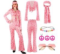 Deguisement Hippie Femme- Déguisement Femme Année 70 60- Costume Hippie Robe- Déguisement Disco Carnaval Accessoires Costume 60s 70s Lunettes Collier Bandeau Boucles D'oreilles Couronnes Cosplay
