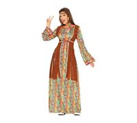 Déguisement Hippie Femme Luxe - ALPEXE - Taille 42-44 - Robe à Fleurs Multicolore - Gilet Marron à Franges