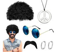 Deguisement Hippie Homme, 5pcs Funny Costume Disco Homme Set Avec Perruque Noire Fausse Moustache Collier en Argent Boucle D'oreille et Lunettes de Soleil Hippie Années 60 Années 70 Tenue de Fête