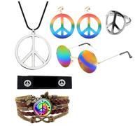 Déguisement hippie vintage années 60/70 - ensemble complet 6 pièces accessoires rétro avec lunettes rondes, collier paix, bracelet, serre-tête, bague et boucles d’oreilles - unisexe pour fête dég