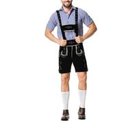 Déguisement Homme Bavarois,Ensemble Deux Pièces Salopette + Chemise à Carreaux Oktoberfest,Lederhosen,Pantalon Court Traditionnel Homme avec Bretelles Réglables et Broderies,Tenue Tyrolienne