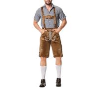 Déguisement Homme Bavarois,Ensemble Deux Pièces Salopette + Chemise à Carreaux Oktoberfest,Lederhosen,Pantalon Court Traditionnel Homme avec Bretelles Réglables et Broderies,Tenue Tyrolienne