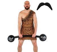 Déguisement Homme Fort du Cirque - Y Compris: Déguisement Hommes de Cavernes, Cap Chauve, Haltères gonflables et une Moustache - Idéal pour les Fêtes entre amis et famille - Taille Large