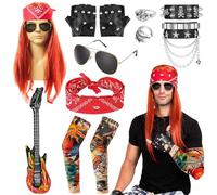 Déguisement Homme Rock Kit, 12 Pièces 80s 90s Gothic Rocker Kit Accessoires de Costume Punk Disco Costume Kit avec Perruque Lunettes Gants Bandanas Bracelet Faux Tatouage Manches Guitare Gonflable