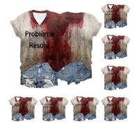 Deguisement Horreur Femme Tee Shirt Halloween Probleme Resolu Grande Taille Col V T Shirts À Manches Courtes Coton Sang Zombie Tshirt Top Sanglant Blood Haut L