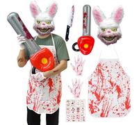 Deguisement Horreur Homme, Deguisement Halloween Homme Femme Costume de Lapin D'horreur avec Masque Lapin,Tablier Ensanglanté, Gants, Tronçonneuse Gonflable et Faux Couteau, Pour Carnaval, Halloween