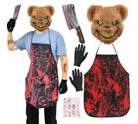 Deguisement Horreur Homme, Deguisement Halloween Homme Femme Costume de Ours D'horreur avec Masque Effrayant, Tablier Sanglant, Gants, Faux Couperet et Tatouage Temporaire, Pour Carnaval, Halloween