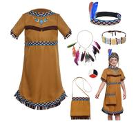 Deguisement Indienne Fille, Costume Indienne Fille Enfant Robe, Indienne Coiffe Bandeau Plume Collier Sac Cosplay Carnaval Halloween Deguisement Enfant Indien 3-12 Ans (140)
