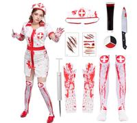 Deguisement Infirmiere Femme Adulte Costume Ensanglantée Nurse Uniforme Robe Zombie Chaussettes Gants Casquette Halloween Autocollant Cosplay (L)