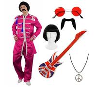 Déguisement inspiré du Sgt. Pepper rose - Veste, perruque, guitare gonflable Union Jack, lunettes rondes, moustache et collier de paix