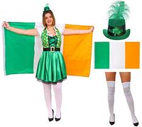 Déguisement Irlandais de la St Patrick pour Femme - Robe de Luxe trèfle Leprechaun, Chaussettes Blanches, Mini Chapeau Irlandais et Drapeau Irlandais - Déguisement de Supporter de Irlande (XX-Grand)