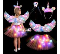 Déguisement Licorne Enfant Lumineux Ailes de Plumes Coloré avec Serre-tête,Baguette Magique LED Tutu Jupe Tulle Fille Ailes d'ange pour Halloween Carnaval Cosplay, 60CM