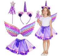 Deguisement Licorne Fille 3~8 Ans,Deguisement Princesse Fille,avec Serre-tête Licorne Ailes Baguette Magique Tutu Jupe Tulle,pour Anniversaire Carnaval Cosplay Fête (Pourpre)